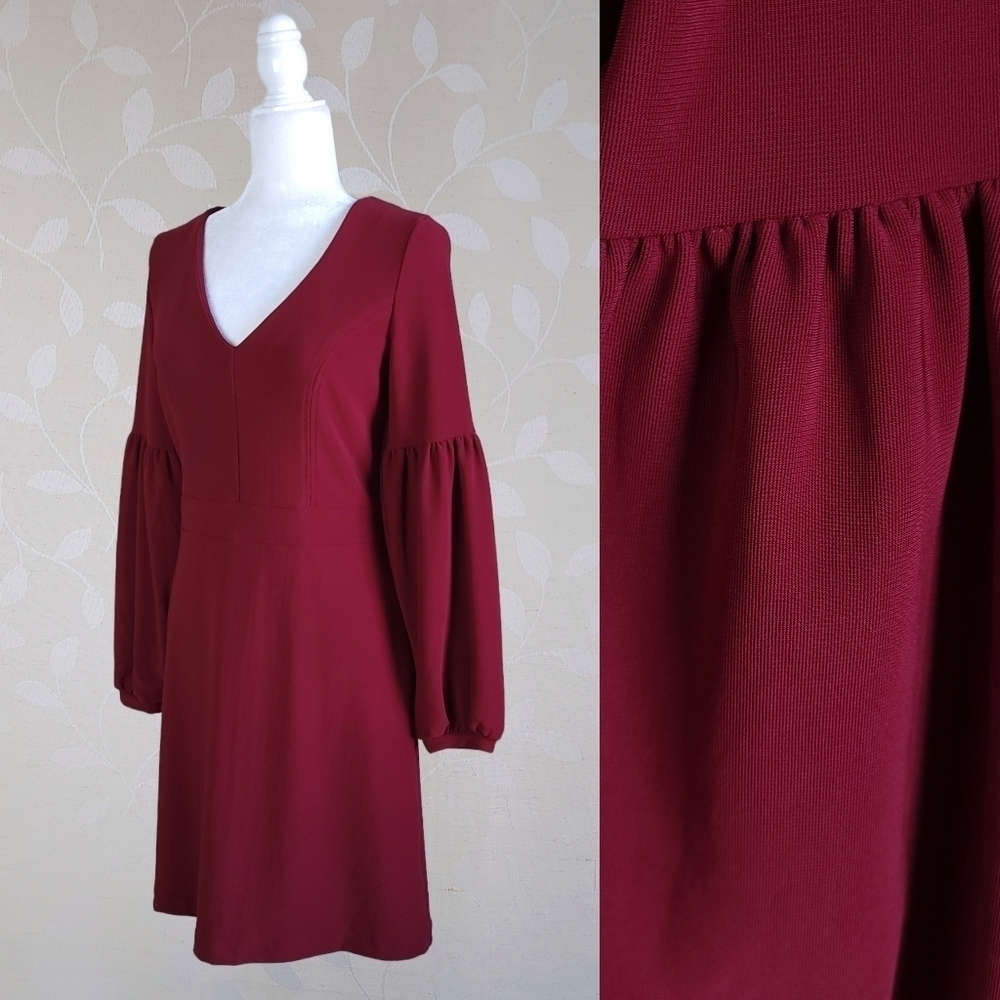 Boston Proper Retro V Neck Gathered Puff Long Sleeve Dress Red XS